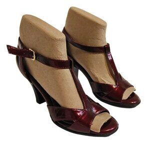 Burgundy Patent Leather Strappy Open Toe Heels 9.5 - Office Academia 1920s 1930s